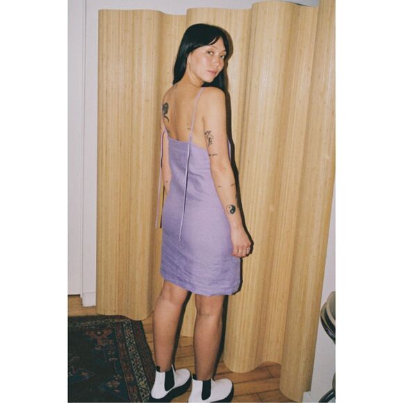 BACK BEAT CO. Women’s Lavender 100% Linen Apron Mini Dress Size XS - Picture 2 of 8